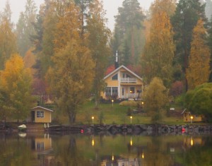 lakeside lawn in the fall