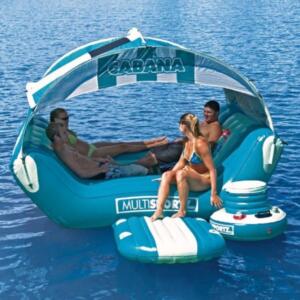 floating lake cabana with four people relaxing on it 