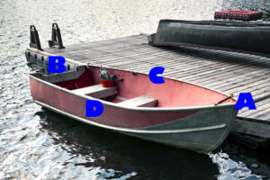 small boat near dock with labeling letters around it 