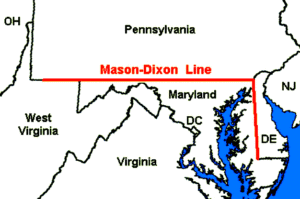 Mason-Dixon line map depicting the mason-dixon and Pennsylvania and Maryland