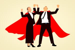 real estate agents, man and woman, in red capes