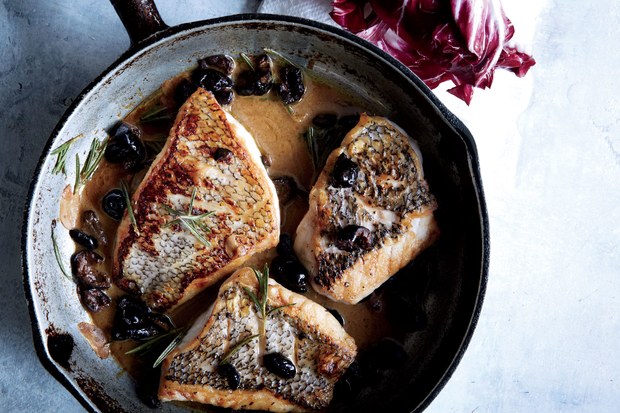 Fish recipe; black bass fillets in skillet