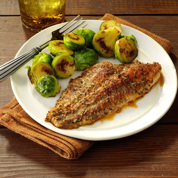 Fish recipe, plate of baked catfish and brussel sprouts