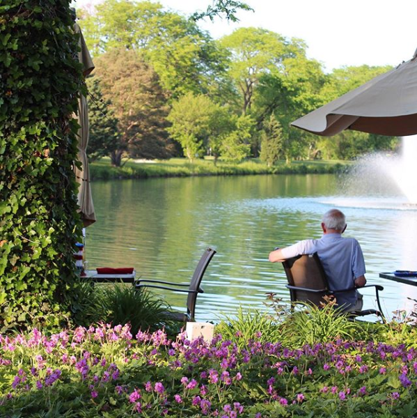 Elderly man sitting lakeside surrounded by beautiful greenery