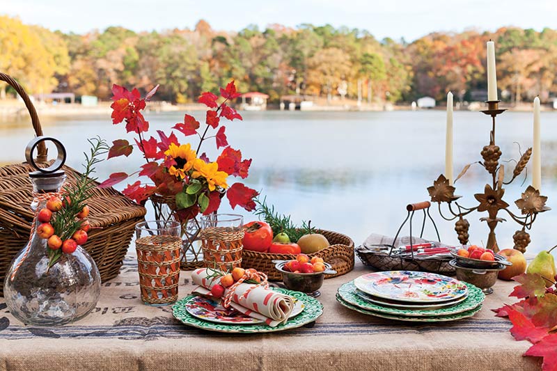 Autumn fall tablescape in front of lake 