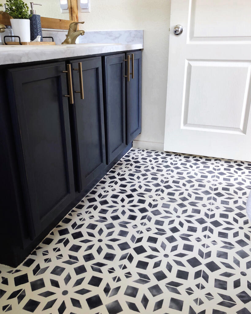 Hand painted linoleum floors with stencil navy blue
