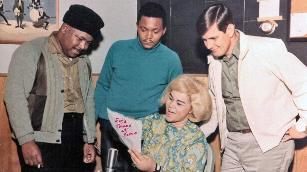 Rick Hall, right, with R&B singer Etta James and musicians Marvell Thomas and David Hood during a 1967 rehearsal at Fame Studios in Muscle Shoals, Alabama. 