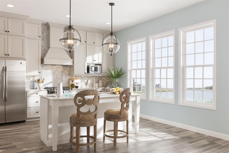 Vinyl laminate floors in lake house kitchen