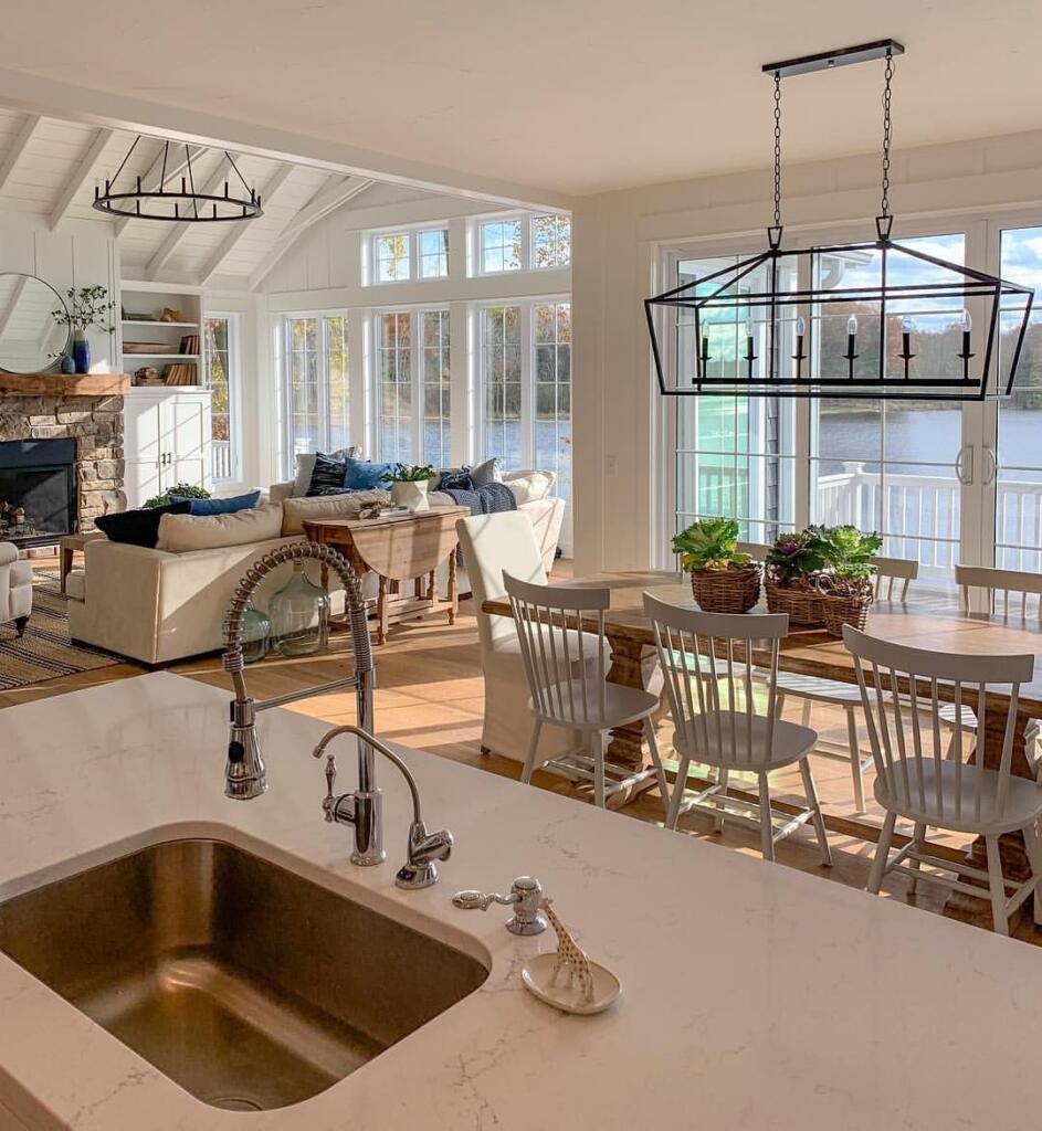 Kitchen and living room overlooking a Michigan lake