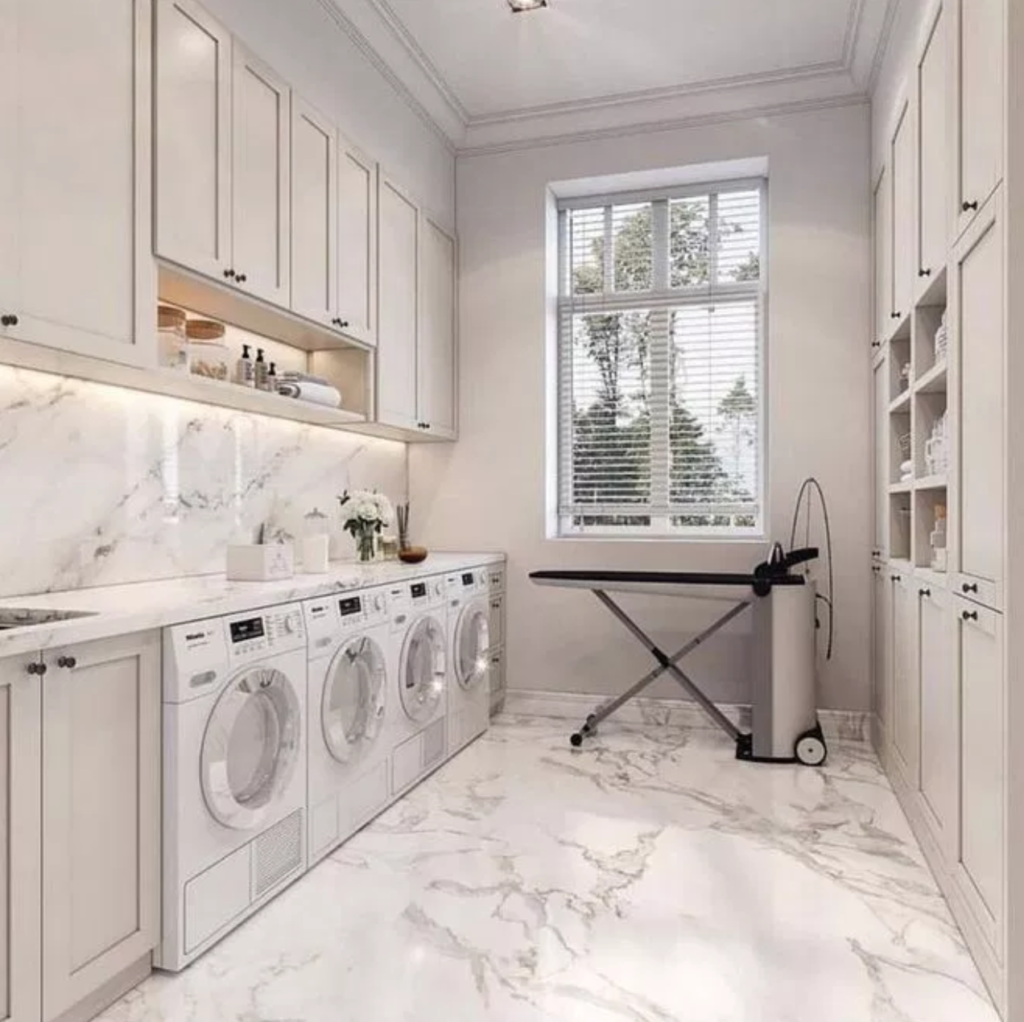 Marble and white laundry room