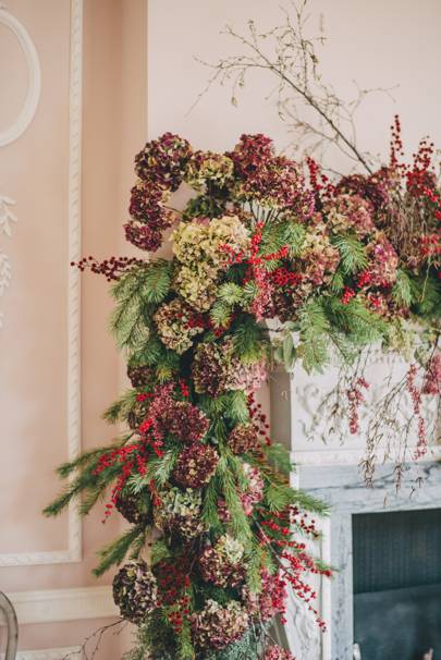 Dried hydrangeas on mantle christmas decor