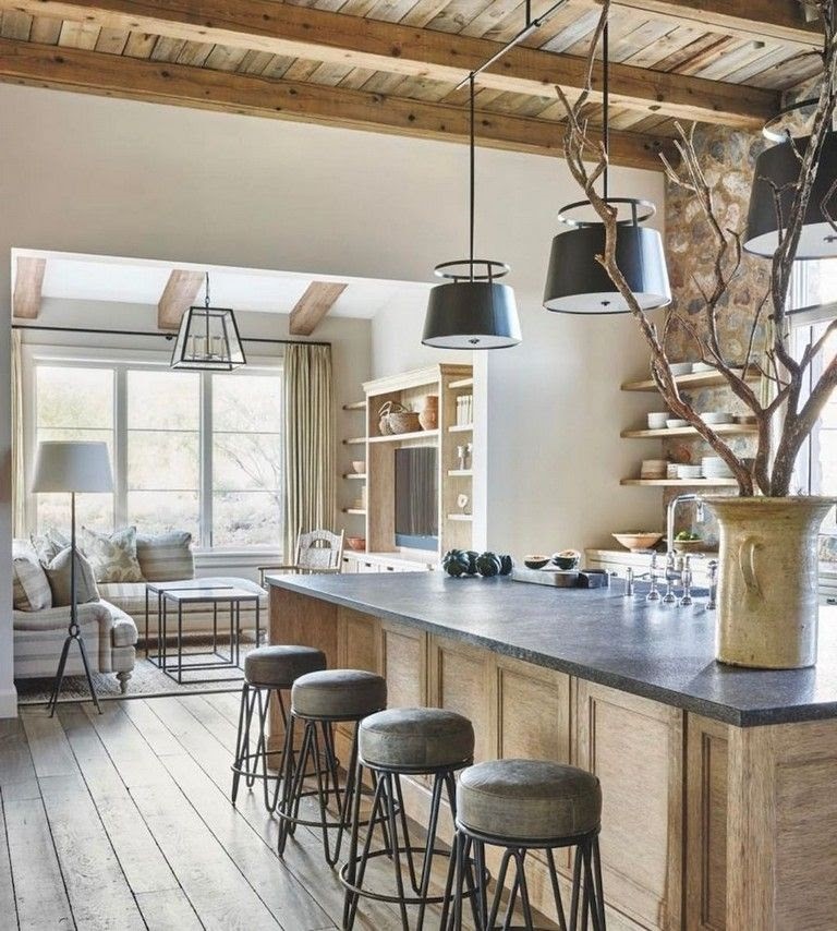 Warm natural toned kitchen with exposed beam ceiling 
