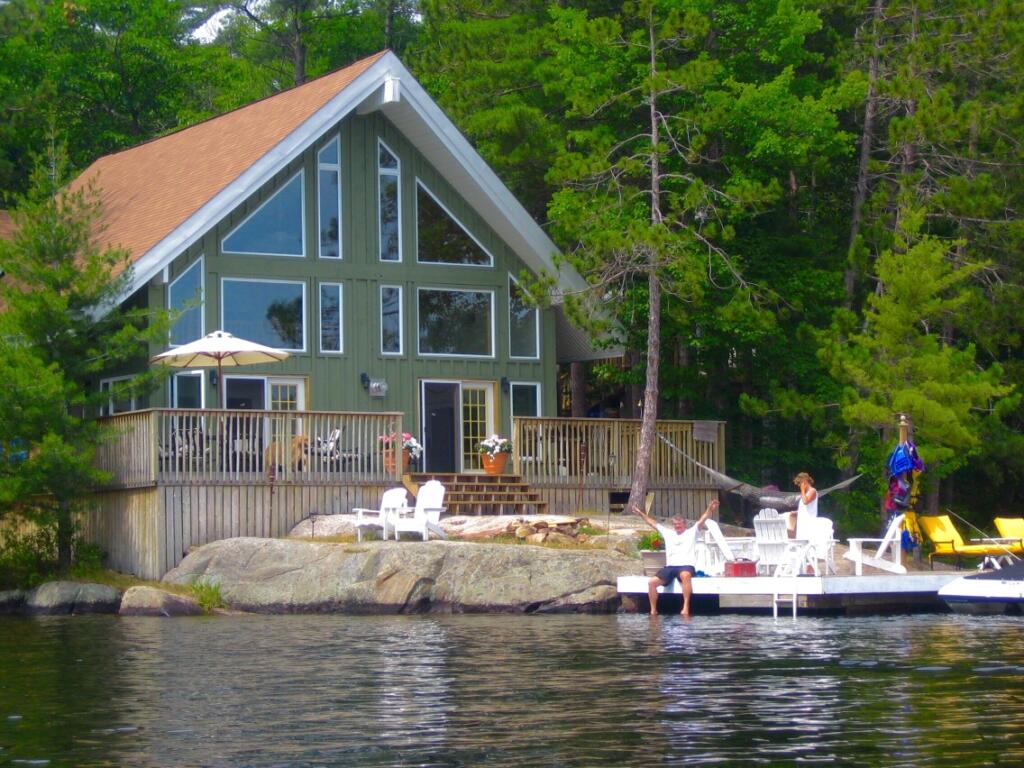 lakefront house with family