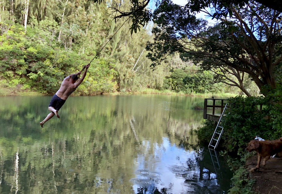 Man swinging on rope swing at lake with dog 