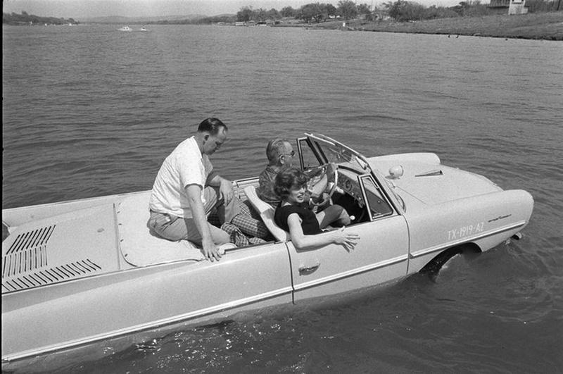 Former President LBJ driving his Amphicar