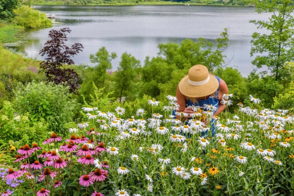 Woman smelling the flowers in her lake house cottage garden 