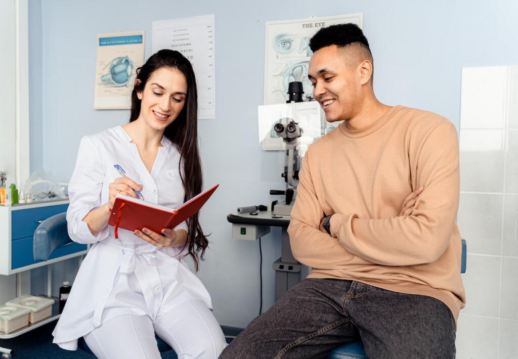 man and woman at optometrist 