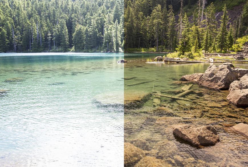 photo of a lake with and without polarization