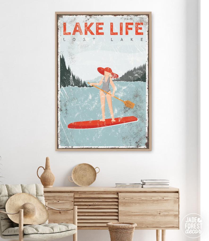 vintage framed lake life poster in lake home hallway