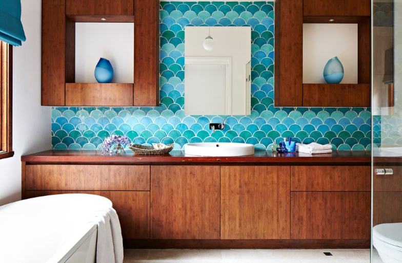 water-inspired tile feature wall in lake  home bathroom