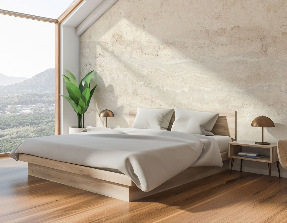 natural stone wallpaper feature wall in a lake home bedroom