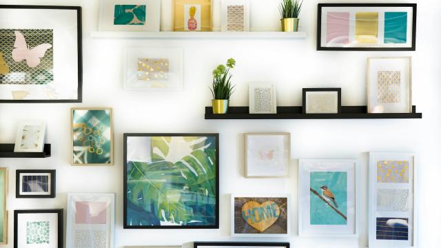 Accent wall with framed photos.