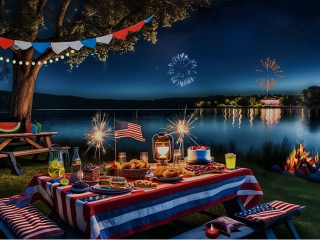 Patriotic lakeside picnic setting with fireworks in the sky and campfire