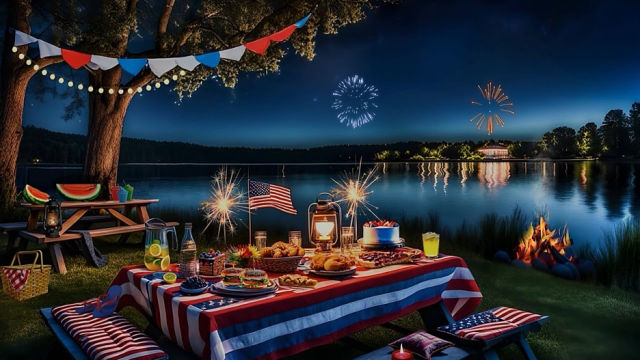 Patriotic lakeside picnic setting with fireworks in the sky and campfire