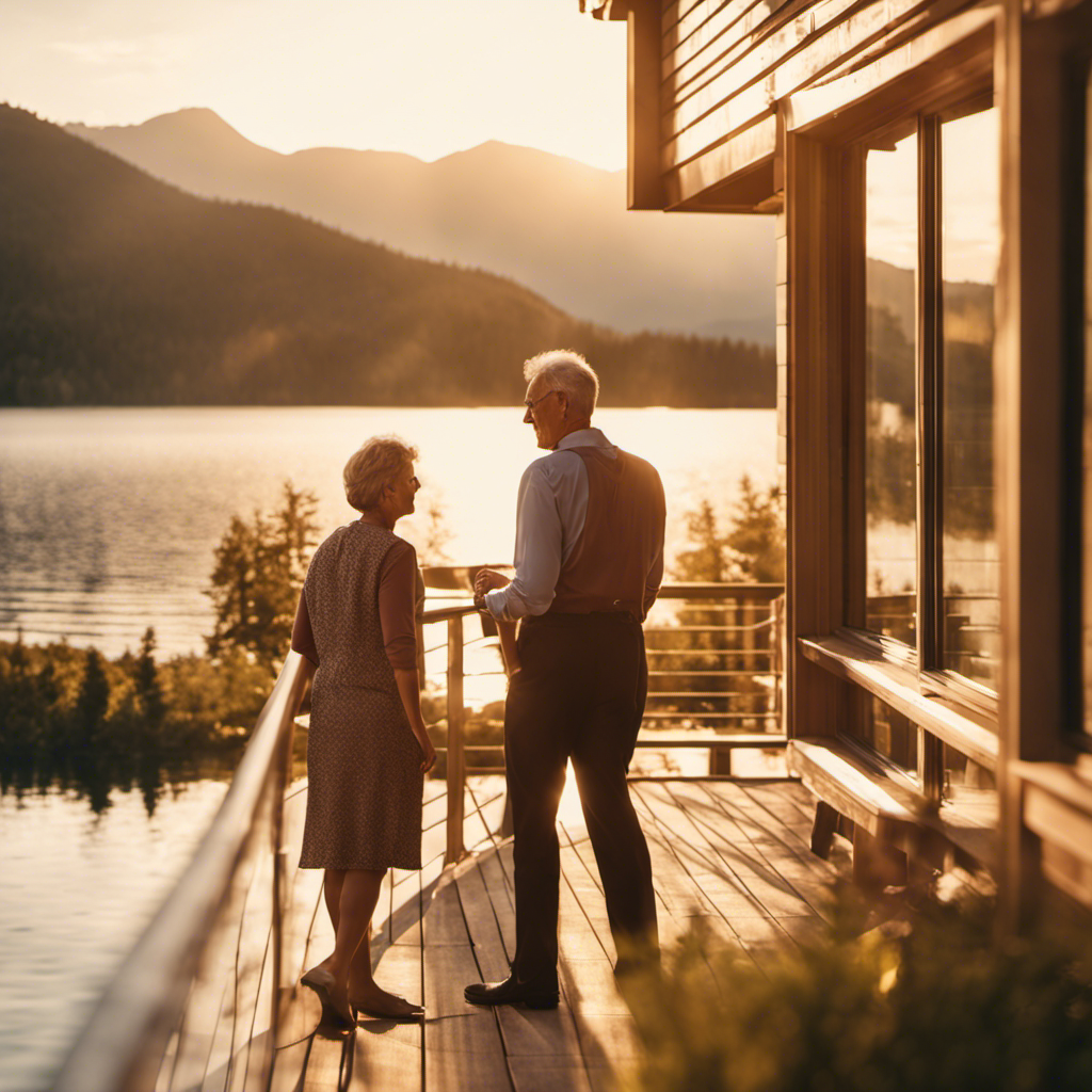 Couple viewing a lakefront house for sale with scenic lake backdrop