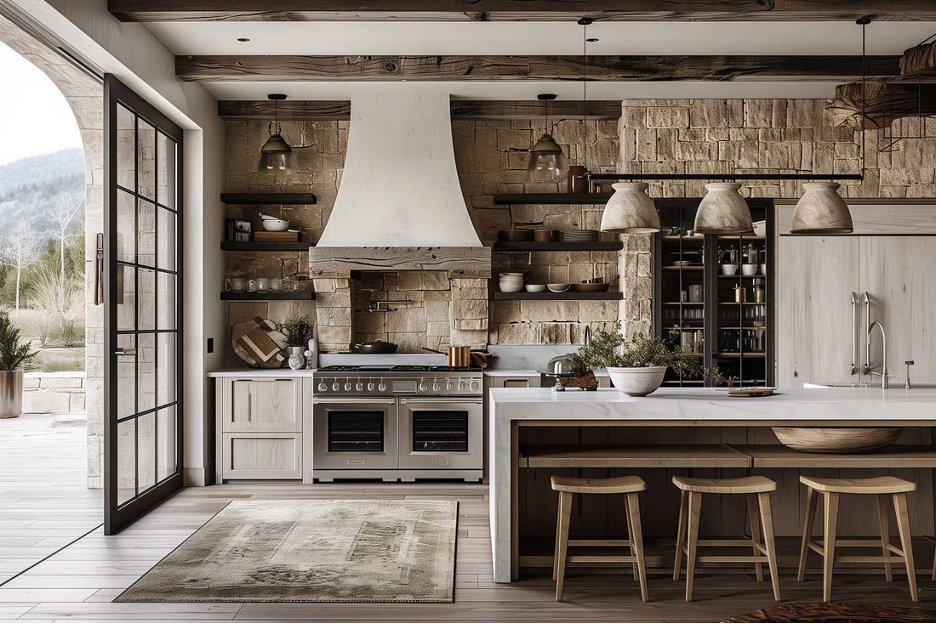 Rustic lake home kitchen with raw and natural materials including hardwood floors, exposed reclaimed beams, natural stone backsplash