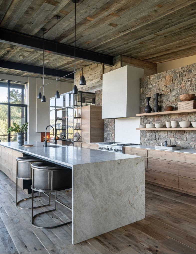 Sleek and minimal rustic kitchen with simple black pendant light over a waterfall island. Rustic finishes include stone backsplash and reclaimed wood floors and ceiling