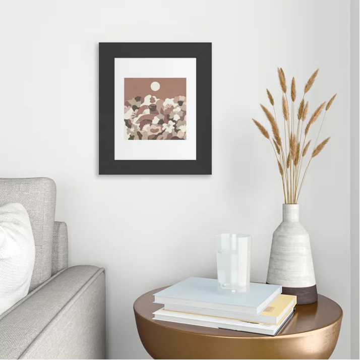 Society6 x Pantone 17-1230 Mocha Mousse Hero Shot with Maggie Stevenson art print with gold side table and decorative accents.