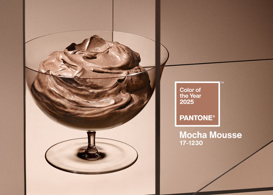 Pantone 17-1230 Mocha Mousse Hero Shot with chocolate mousse in stemmed glassware