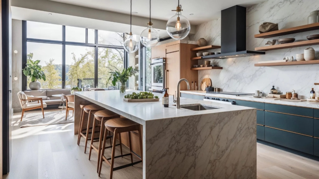 statement lighting over a waterfall island with clear glass-globe pendants in varying sizes