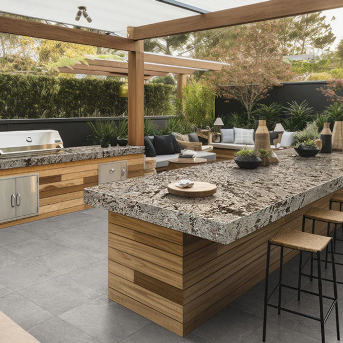 Asian-inspired Outdoor kitchen with resin-bound recycled glass countertops and island surface, reclaimed woods and bamboo used throughout, stone floor tiles, woven counter stools, comfy seating area,