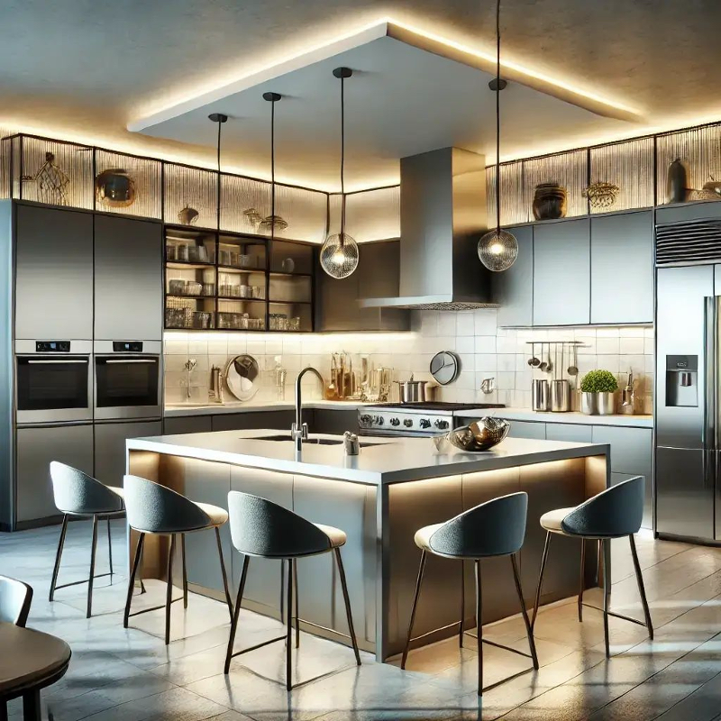 Smart kitchen with voice-controlled appliances, lighting, and temperature controls; under-island lighting, perimeter lighting on ceiling feature and upper cabinets